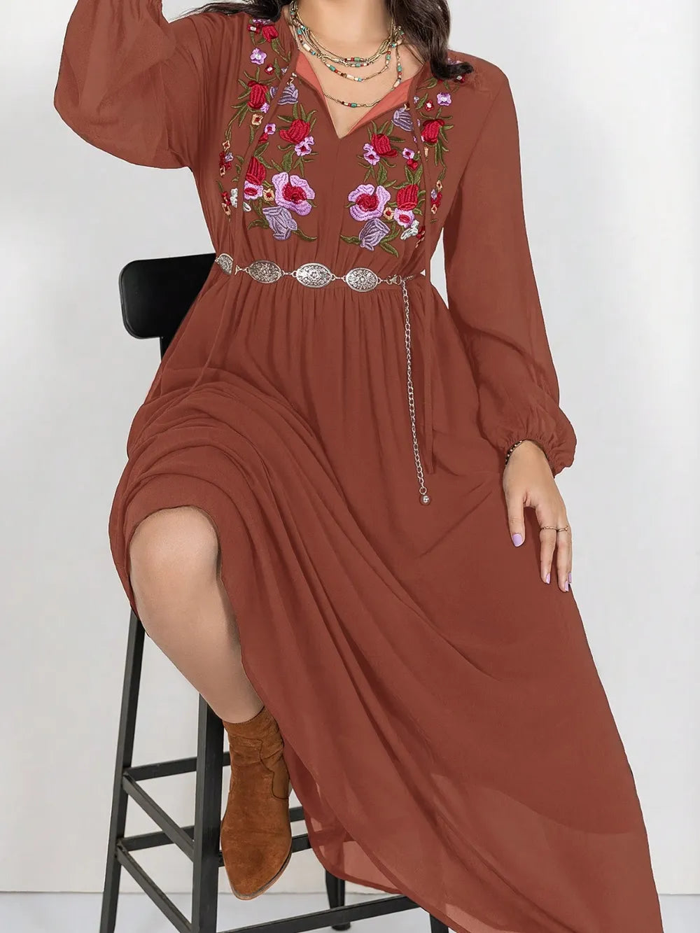 Plus Size Embroidered Tie Neck Long Sleeve Dress - Glamourous Grace