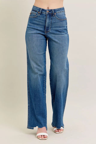 Judy Blue  High Waist Tummy Control Chew Hem Destroy Wide Jeans