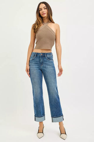 RISEN 4 Way Stretch Slouchy Straight Jeans with Cuffed Hem