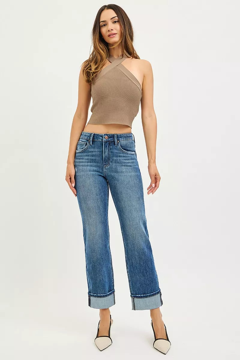 RISEN 4 Way Stretch Slouchy Straight Jeans with Cuffed Hem