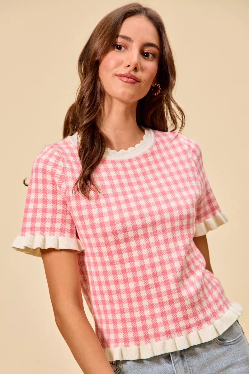 SO ME Gingham Knit Ruffled Short Sleeves Sweater Top - Glamourous Grace