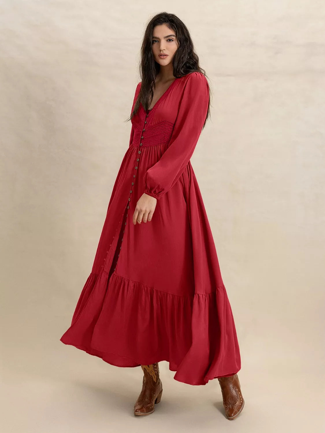 V-Neck Balloon Sleeve Ruffled Hem Maxi Dress - Glamourous Grace