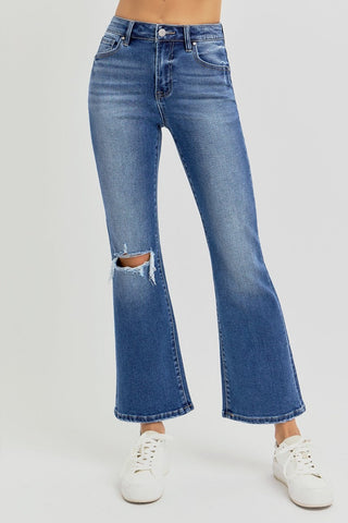 RISEN High Rise Distressed Crop Flared Leg Blue Denim Jeans