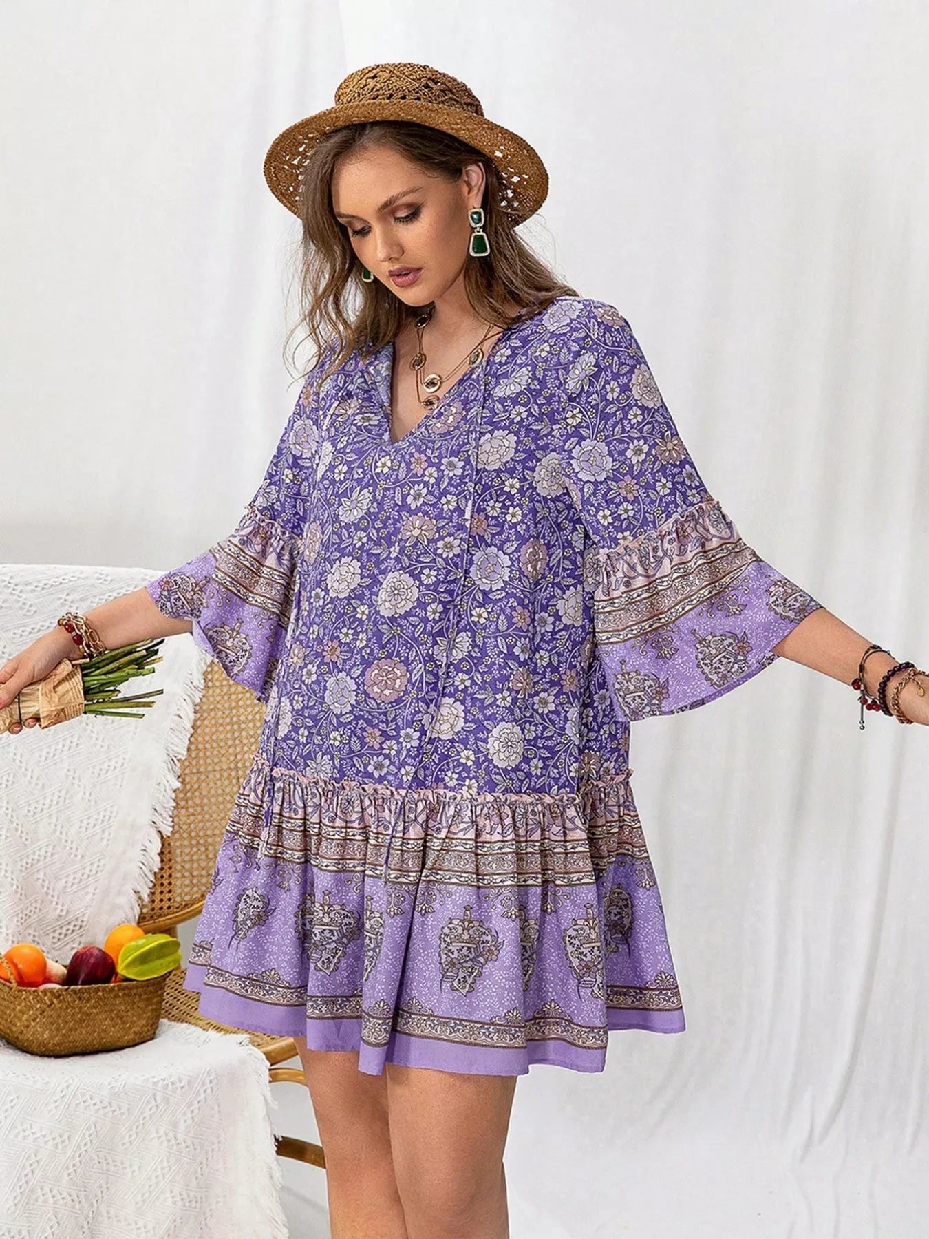 Plus Size Floral Print Ruffle Hem Mini Dress - Glamourous Grace