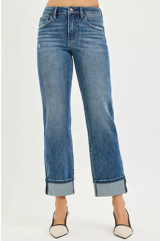 RISEN 4 Way Stretch Slouchy Straight Jeans with Cuffed Hem