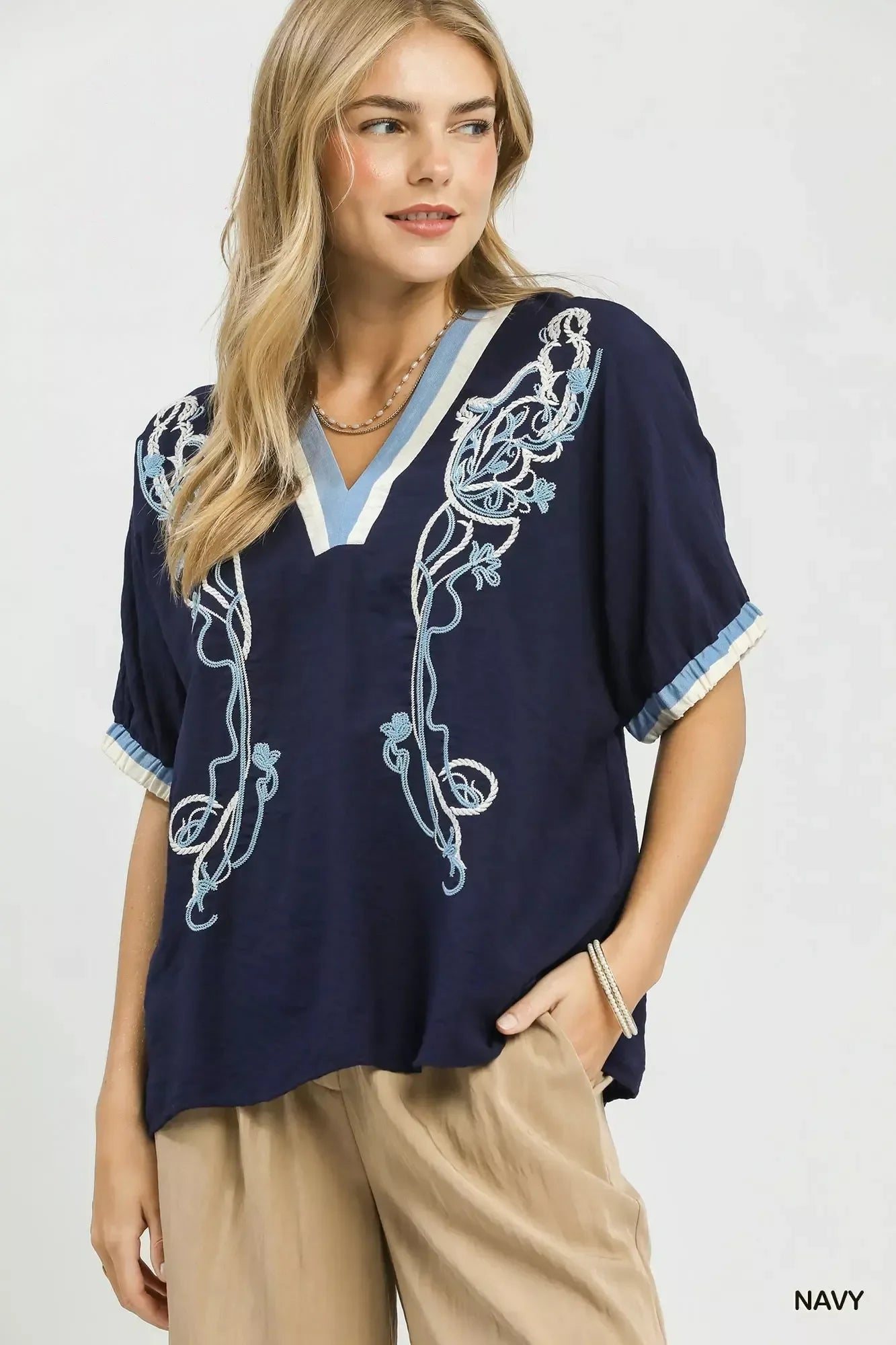 Umgee Embroidered Floral V-Neck Short Sleeve Blouse with Contrast Trim - Glamourous Grace