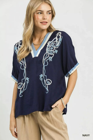 Umgee Embroidered Floral V-Neck Short Sleeve Blouse with Contrast Trim - Glamourous Grace