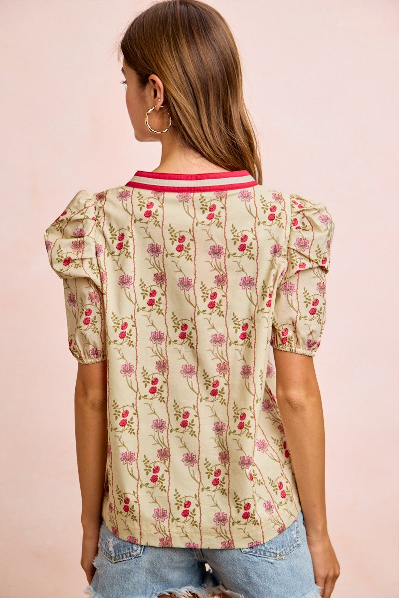 BiBi Floral Gather Sleeves Contrast Neckband Blouse Top - Glamourous Grace