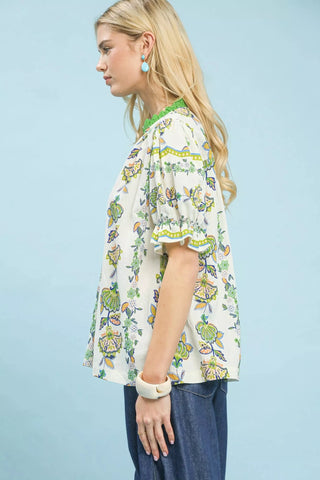 Umgee Abstract Border Print V-Neck Top - Glamourous Grace