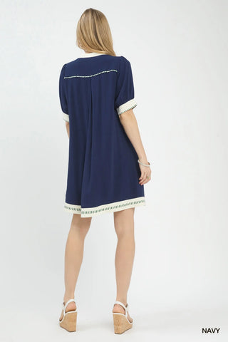 Umgee Linen Contrast Trim Midi Dress in Navy - Glamourous Grace