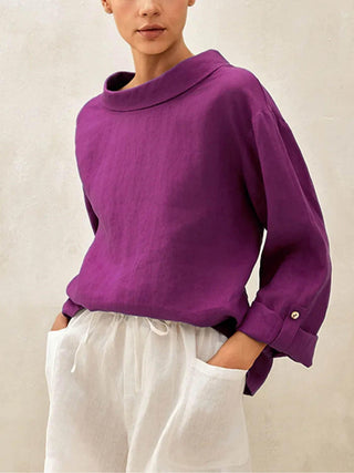 LINTICO 100% linen draped neck top, stylish blouse with relaxed fit and elegant draping, perfect for casual or sophisticated looks.