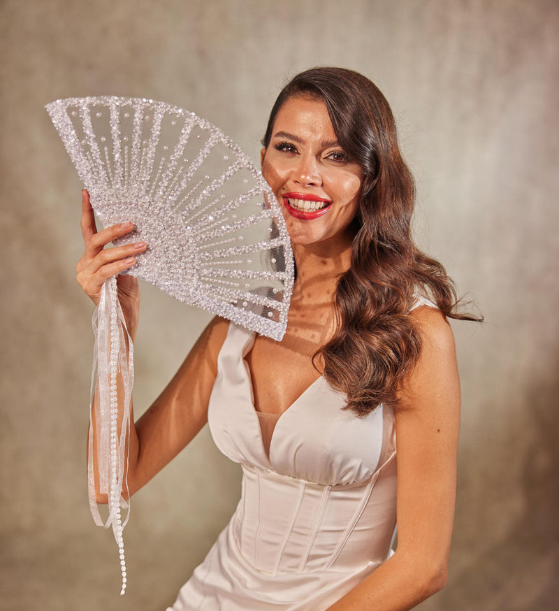 Elegant Pearl and Sequin Bridal Fan - Glamourous Grace