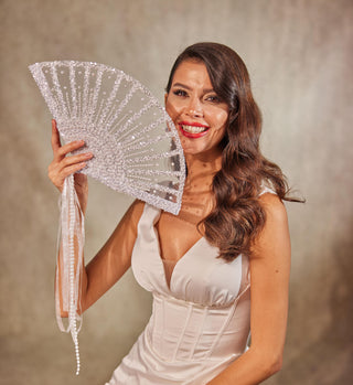 Elegant Pearl and Sequin Bridal Fan - Glamourous Grace
