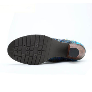 Blue Embossed Leather And Warm Brocade Comfy Ankle Boots