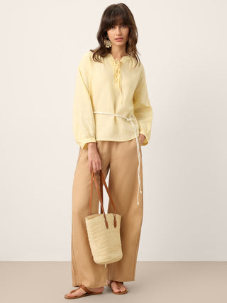 100% Linen Lace-Up Shirred Lantern Sleeve Blouse DOROTHEA - Glamourous Grace