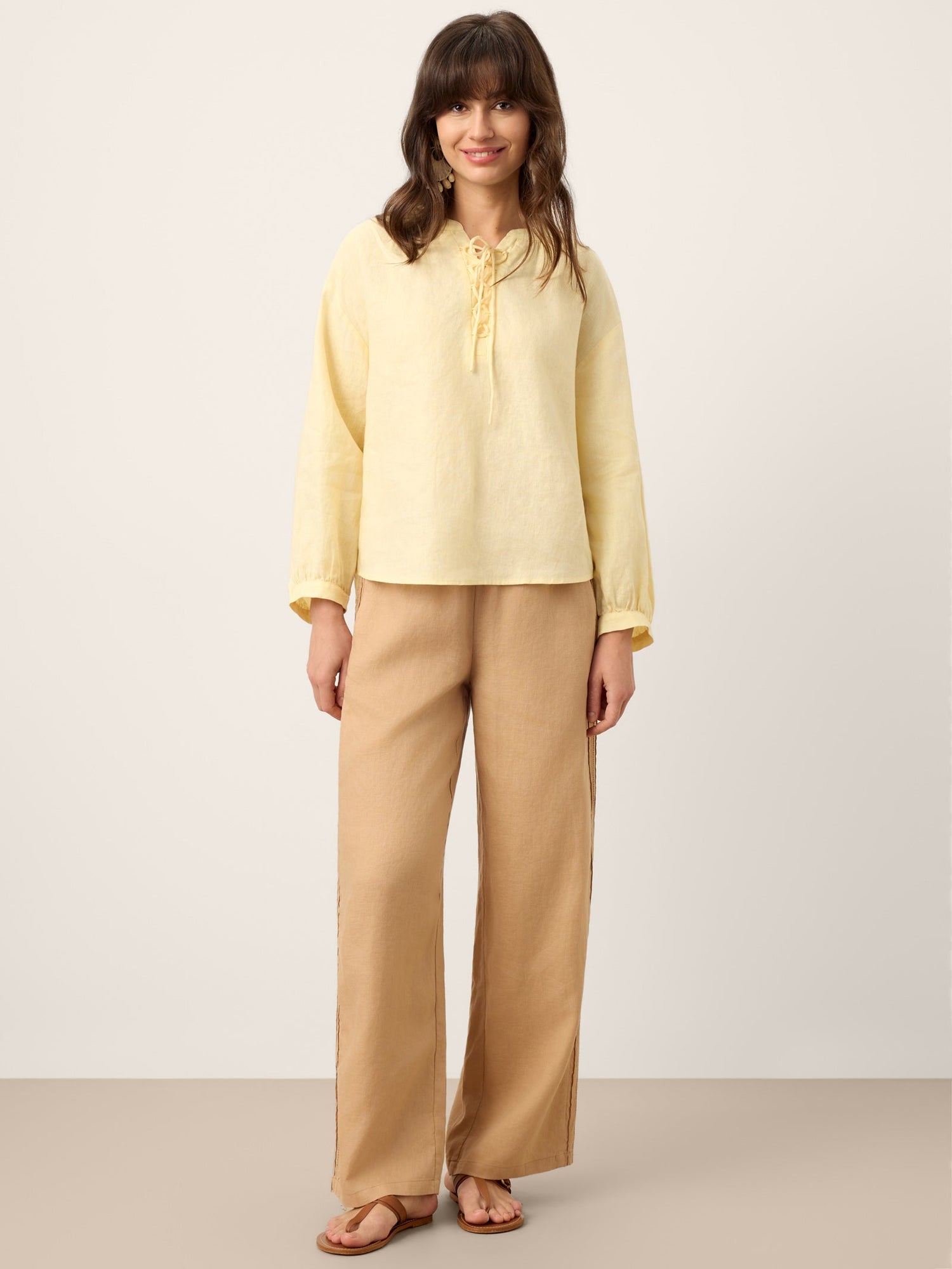 100% Linen Lace-Up Shirred Lantern Sleeve Blouse DOROTHEA - Glamourous Grace