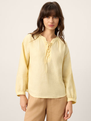 100% Linen Lace-Up Shirred Lantern Sleeve Blouse DOROTHEA - Glamourous Grace