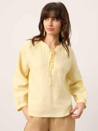 100% Linen Lace-Up Shirred Lantern Sleeve Blouse DOROTHEA - Glamourous Grace
