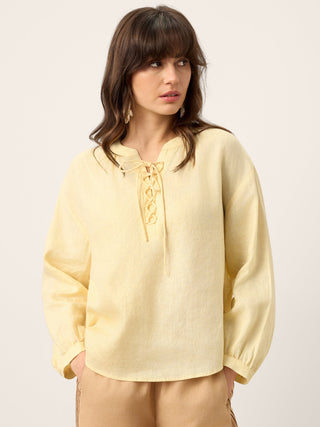 100% Linen Lace-Up Shirred Lantern Sleeve Blouse DOROTHEA - Glamourous Grace