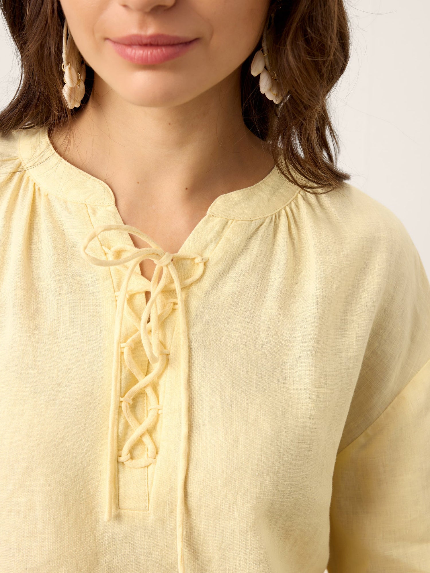 100% Linen Lace-Up Shirred Lantern Sleeve Blouse DOROTHEA - Glamourous Grace