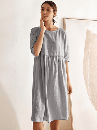 LINTICO 100% linen A-line midi dress in neutral grey, stylish and breathable for casual or semi-formal wear.