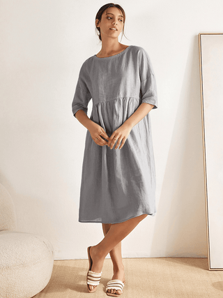LINTICO 100% linen A-line midi dress in neutral grey with a relaxed fit, perfect for casual summer wear.