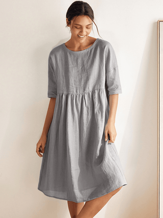 LINTICO 100% linen A-line midi dress in neutral grey, featuring a relaxed fit and elegant silhouette.