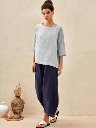 LINTICO 100% linen boatneck blouse with 3/4 length sleeves in ice blue, soft and lightweight for casual wear