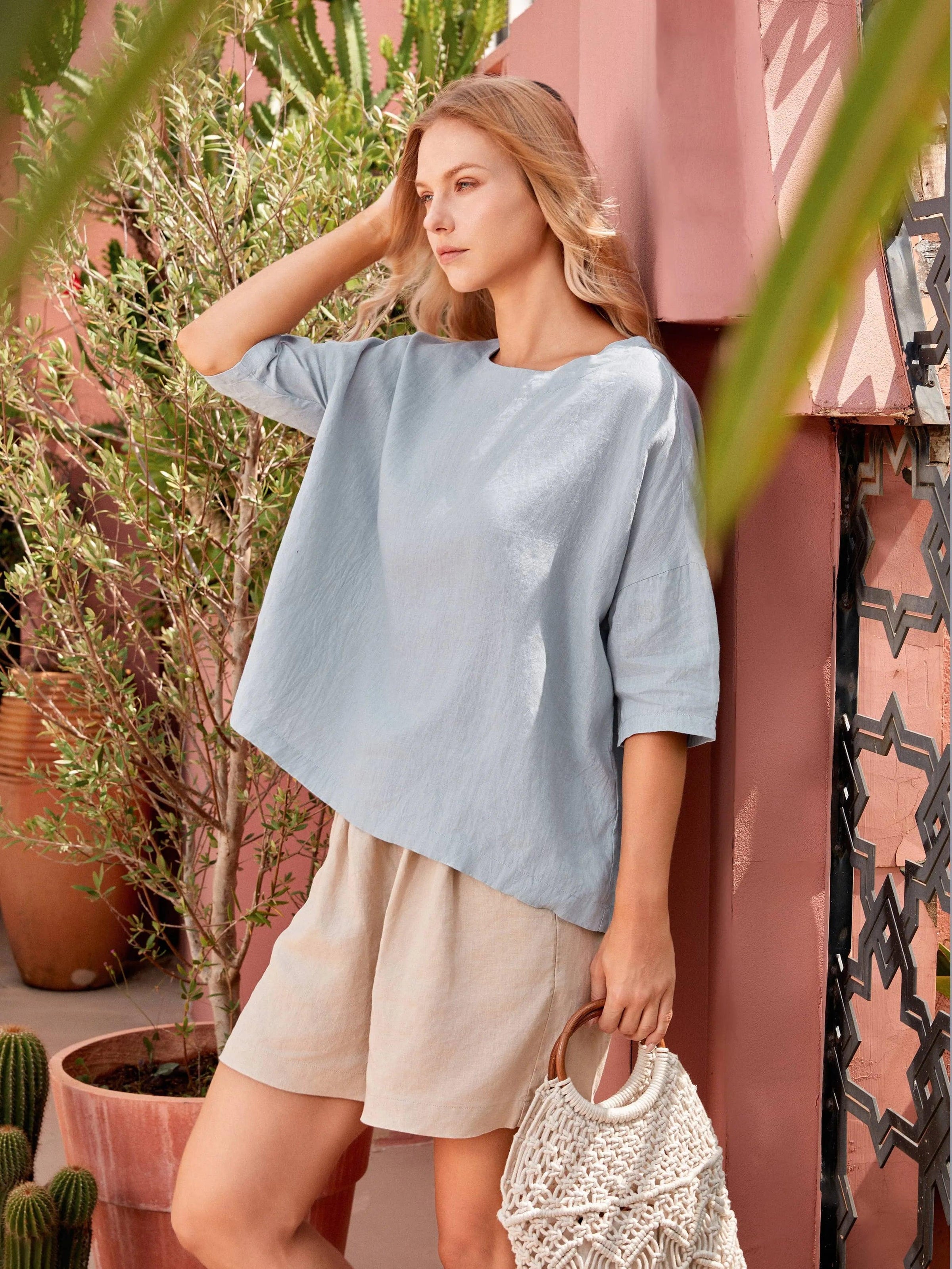 100% Linen Boatneck 3/4 Length Sleeve Top AURORA - Glamourous Grace