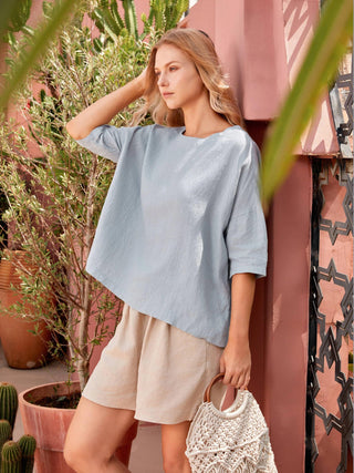 LINTICO 100% linen boatneck blouse with 3/4 length sleeves in ice blue, casual top for warm weather.
