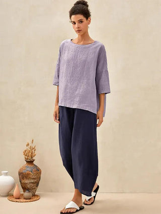 Lavender 100% linen boatneck top with 3/4 length sleeves from LINTICO, casual and breathable blouse for warm weather.