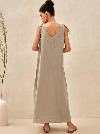LINTICO 100% linen camisole maxi dress in natural linen fabric, sleeveless with a relaxed fit, perfect for casual summer wear.