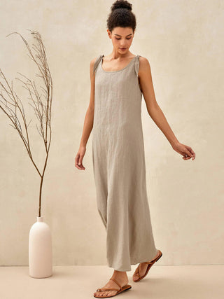 LINTICO 100% linen camisole maxi dress in natural linen fabric, sleeveless with a flowy, relaxed fit for casual wear.