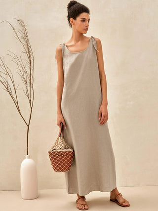 Light beige 100% linen camisole maxi dress by LINTICO, featuring a relaxed fit and natural linen fabric.