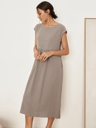 LINTICO 100% linen cap sleeve washed maxi dress in cloud grey, featuring a relaxed fit and flowing midi length.