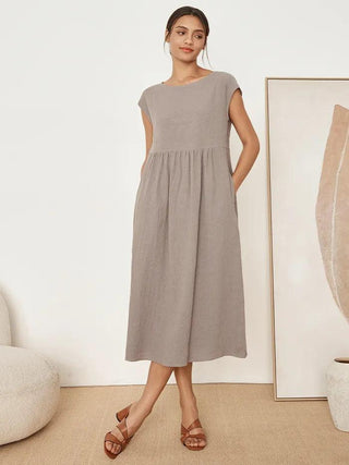LINTICO 100% linen cap sleeve washed maxi dress in cloud grey, lightweight and flowy with a relaxed fit.