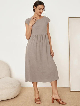 LINTICO 100% linen cap sleeve washed maxi dress in cloud grey, featuring a relaxed fit and midi length for casual elegance.