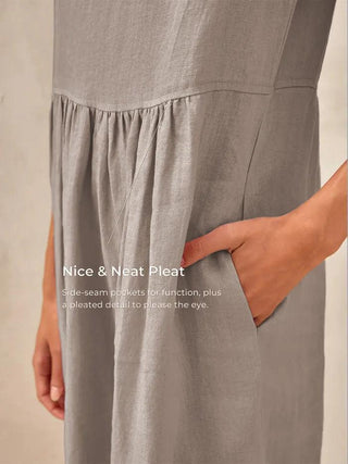 LINTICO 100% linen cap sleeve washed maxi dress in cloud grey, featuring a relaxed fit and elegant midi length.