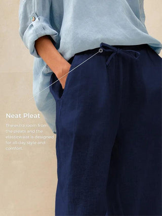 Navy blue 100% linen classic pants by LINTICO, stylish and comfortable bottoms made from lightweight linen fabric.