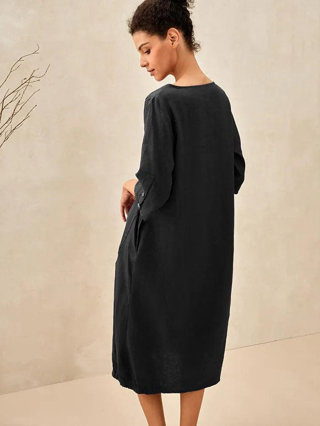 100% Linen Collarless Mid-Length Dress SOFIA - Glamourous Grace