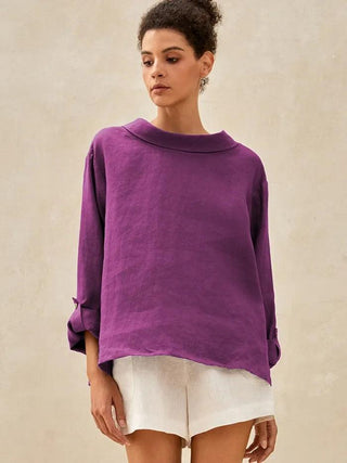 LINTICO 100% linen draped neck top in violet velvet, showcasing soft, flowing fabric and elegant neckline design.