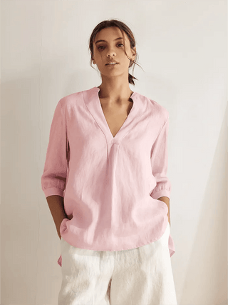 Light pink 100% linen dress shirt from LINTICO, featuring a classic blouse style, perfect for casual or office wear.