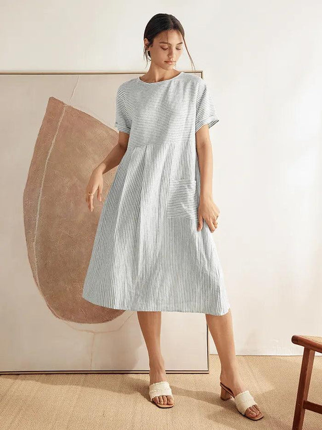 100% Linen Pinstripe Paneled Short-Sleeved Dress MORGAN - Glamourous Grace