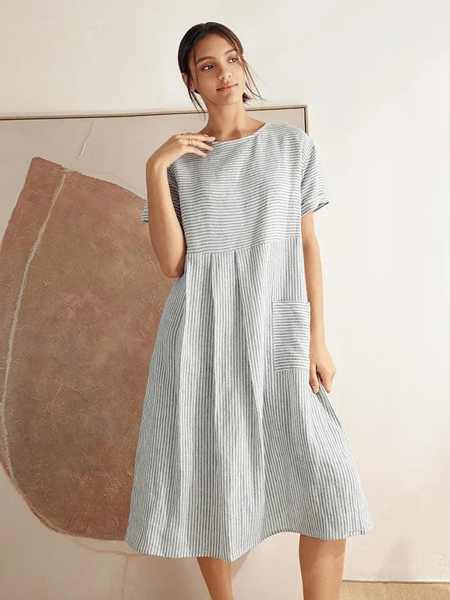 100% Linen Pinstripe Paneled Short-Sleeved Dress MORGAN - Glamourous Grace