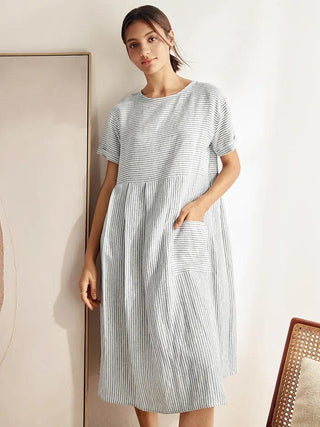 100% Linen Pinstripe Paneled Short-Sleeved Dress MORGAN - Glamourous Grace