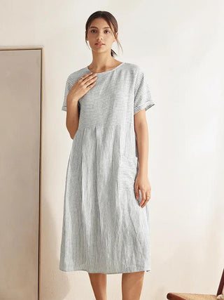 100% Linen Pinstripe Paneled Short-Sleeved Dress MORGAN - Glamourous Grace