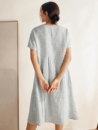 100% Linen Pinstripe Paneled Short-Sleeved Dress MORGAN - Glamourous Grace