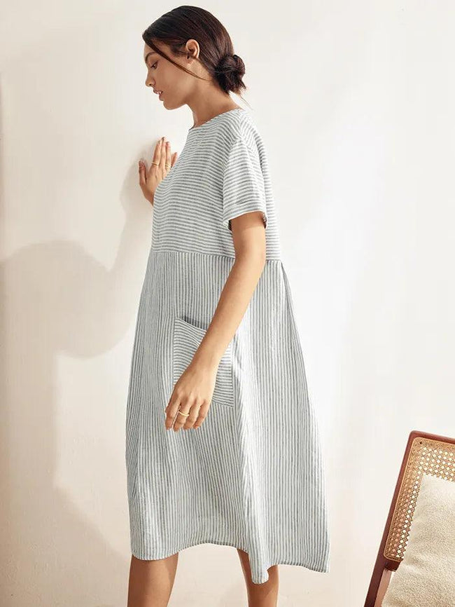 100% Linen Pinstripe Paneled Short-Sleeved Dress MORGAN - Glamourous Grace