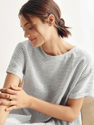 100% Linen Pinstripe Paneled Short-Sleeved Dress MORGAN - Glamourous Grace