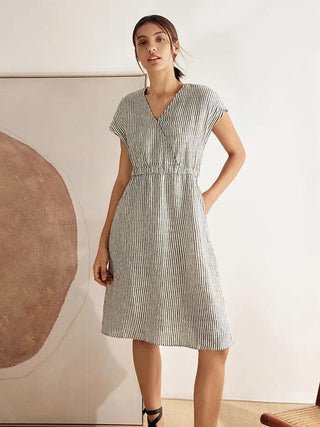 100% Linen Striped Elastic-Waist Midi Dress ARIA - Glamourous Grace